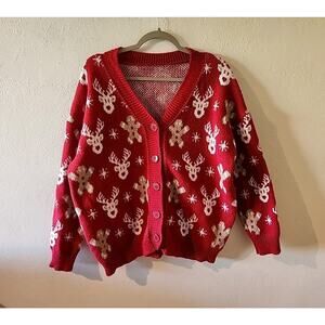 Woman's Reindeer Shein Button Up Red Ugly Christmas Sweater Size 1X XL Ginger